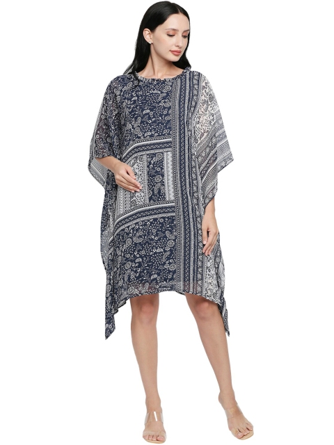 

ZINNIA Navy Blue Ethnic Motifs Georgette Kaftan Dress