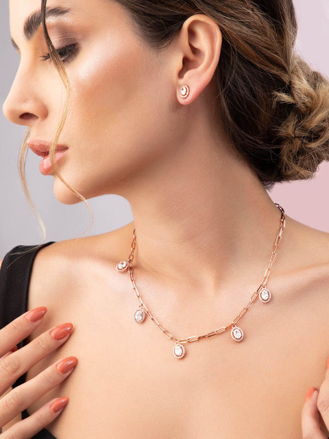 

Rubans Voguish Rose Gold-Plated AD Studded Necklace Jewellery Set