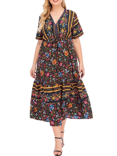 

URBANIC Brown Floral A-Line Midi Dress