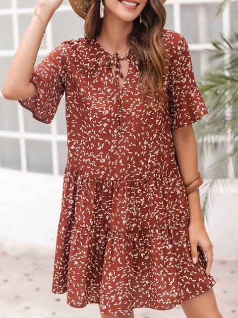 

URBANIC Brown Animal Tie-Up Neck A-Line Dress