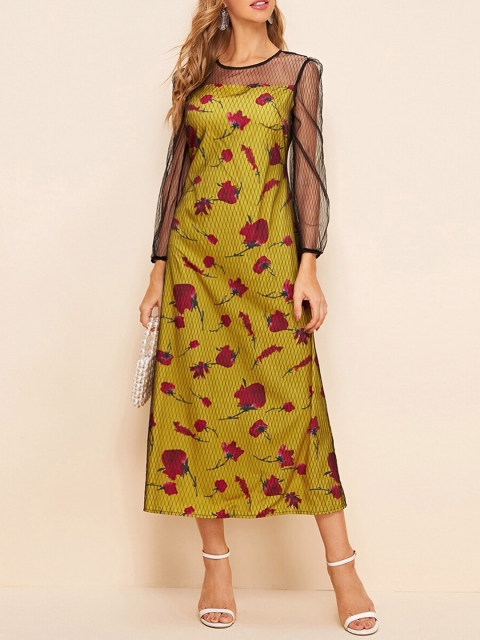 

URBANIC Yellow Floral A-Line Midi Dress