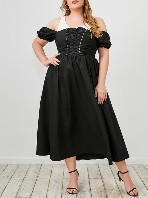 

URBANIC Plus Size Black Off-Shoulder Lace Up A-Line Midi Dress