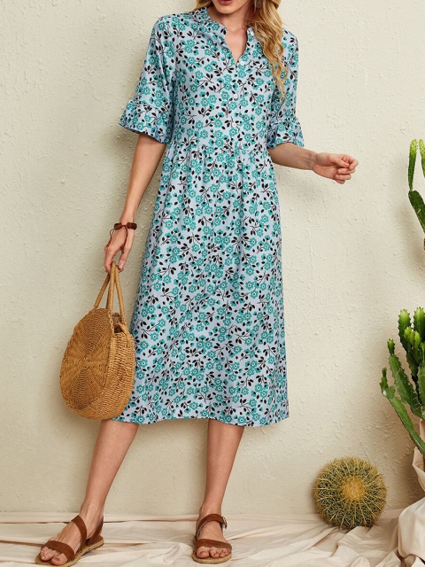 

URBANIC Blue Floral A-Line Midi Dress
