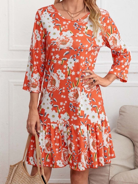 

URBANIC Orange Floral A-Line Dress