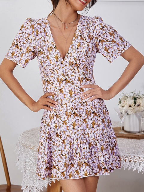 

URBANIC Purple & Mustard Yellow Floral A-Line Dress