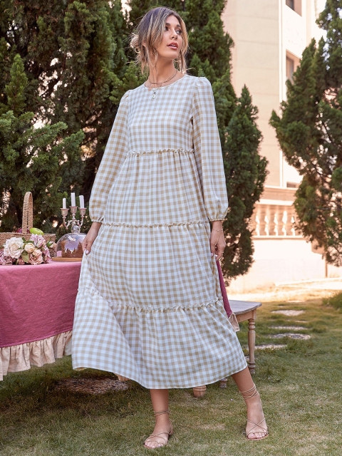 

URBANIC Yellow Checked Keyhole Neck Maxi Dress