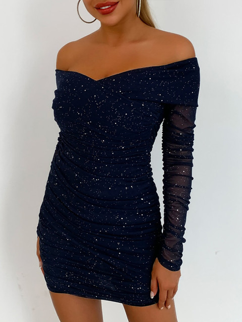 

URBANIC Navy Blue Embellished Off-Shoulder Bodycon Mini Dress