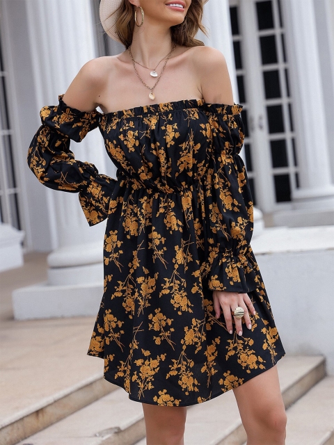 

URBANIC Black Floral Off-Shoulder Dress