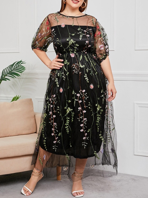 

URBANIC Black Floral A-Line Midi Dress