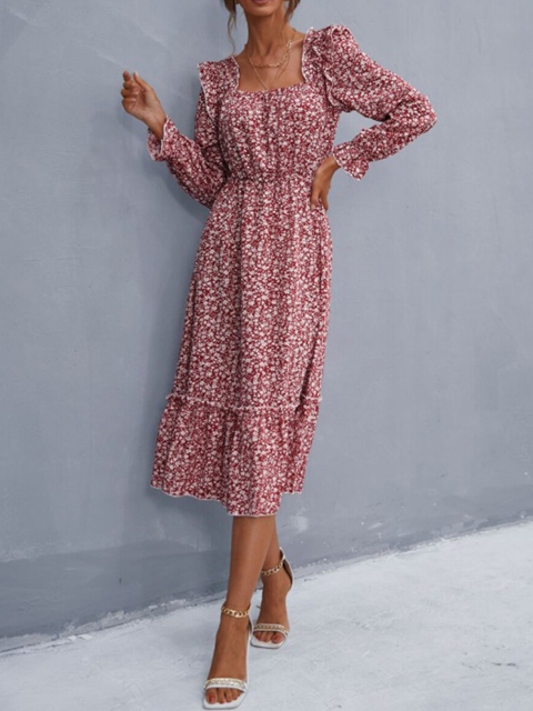 

URBANIC Red Floral A-Line Midi Dress