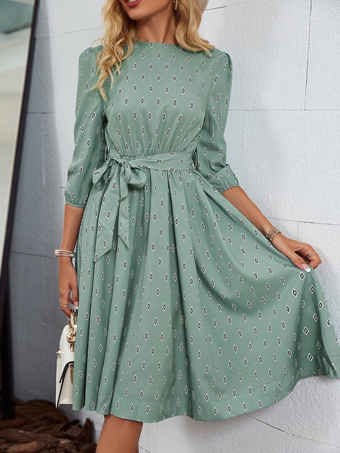 

URBANIC Green & White Printed Fit and Flare Dress