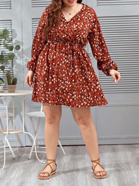 

URBANIC Orange Floral Tie-Up Neck A-Line Dress