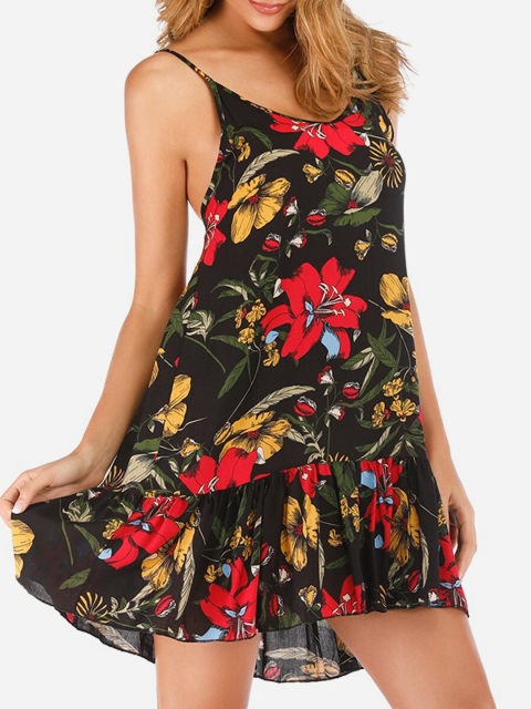 

URBANIC Black Floral A-Line Dress