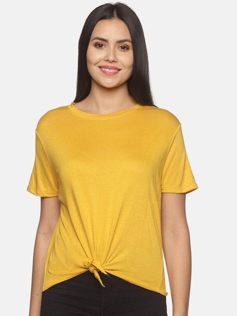 

BEVERLY BLUES Women Yellow Drop-Shoulder Sleeves Raw Edge T-shirt
