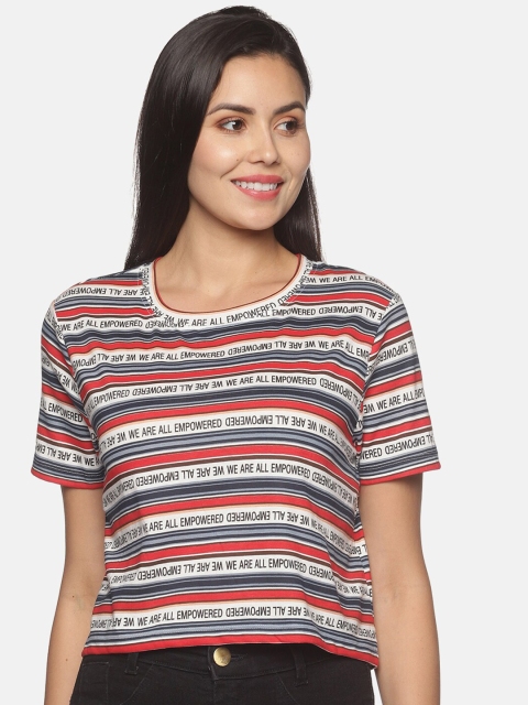 

BEVERLY BLUES Women Multicoloured Typography Striped T-shirt, Multi