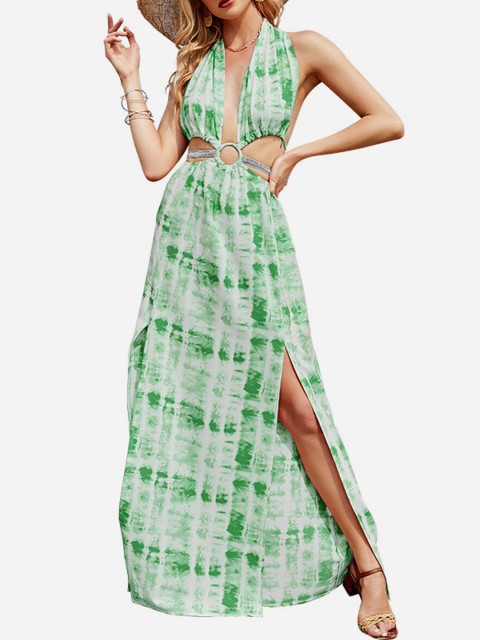 

URBANIC Green & White Halter Neck A-Line Maxi Dress