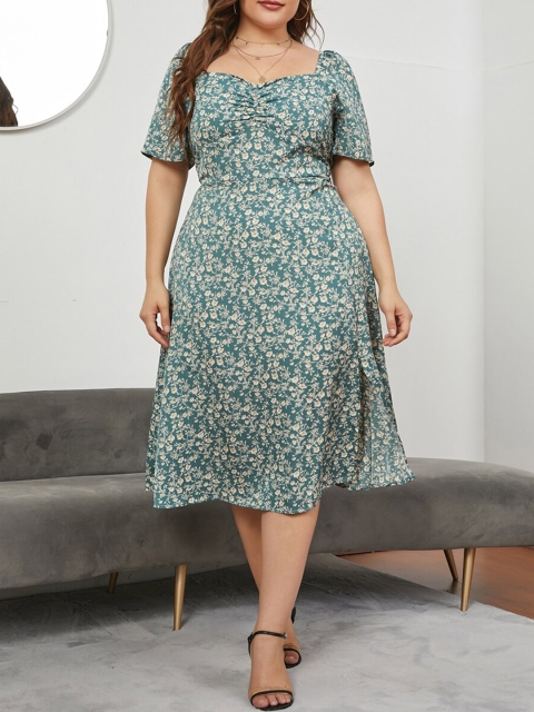 

URBANIC Green Floral A-Line Dress