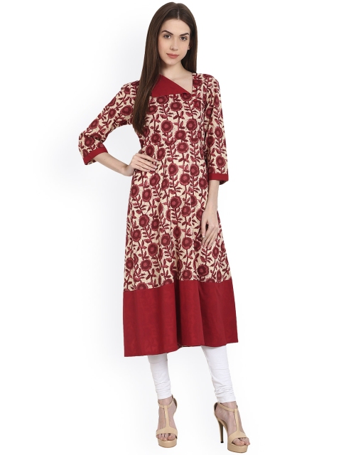 

Nayo Women Maroon & Cream-Coloured Printed A-Line Kurta