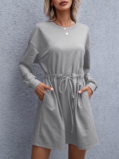 

URBANIC Grey A-Line Drawstring Sweatshirt Dress