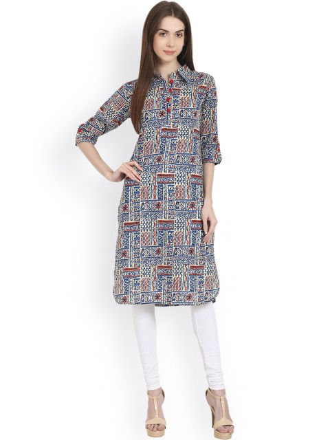 

Nayo Women Blue Printed Straight Kurta