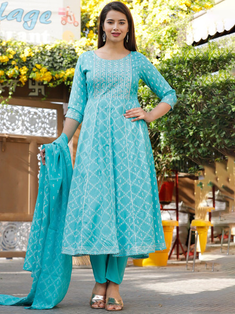 

TOULIN Women Blue Floral Printed Pleated Pure Cotton Kurta with Trousers & With Dupatta