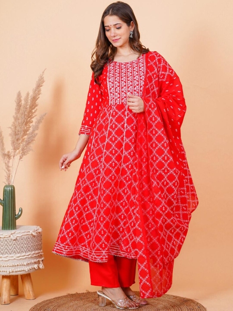 

TOULIN Women Red Printed Pure Cotton Kurta with Trousers & With Dupatta