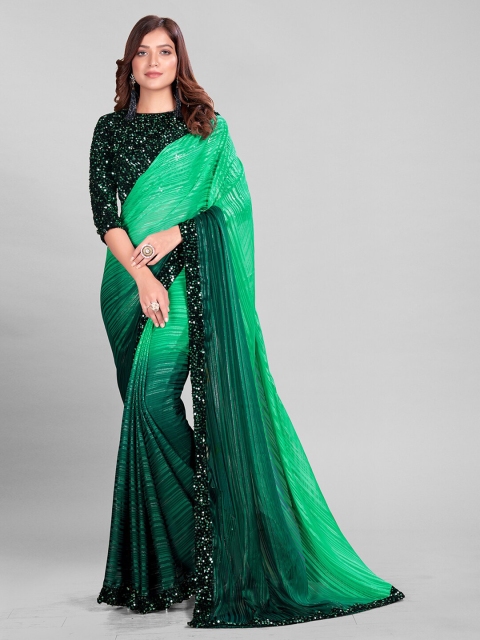 

Granthva Fab Green & Black Striped Sequinned Silk Blend Saree