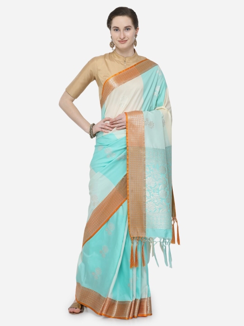 

Varkala Silk Sarees Turquoise Blue & Gold-Toned Colourblocked Zari Silk Blend Banarasi Saree