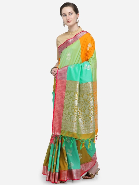 

Varkala Silk Sarees Orange & Green Colourblocked Zari Silk Blend Banarasi Saree