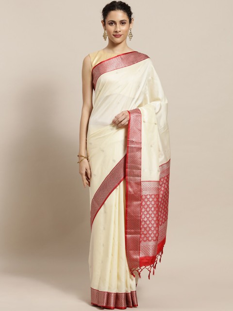 

Varkala Silk Sarees Off White & Red Zari Silk Blend Kanjeevaram Saree