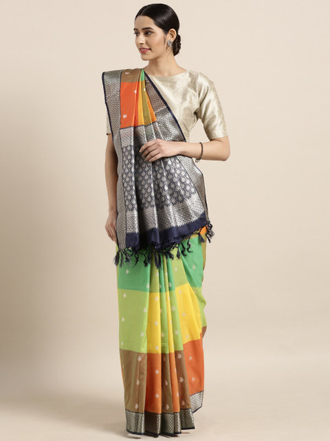 

Varkala Silk Sarees Green & Yellow Colourblocked Zari Silk Blend Kanjeevaram Saree