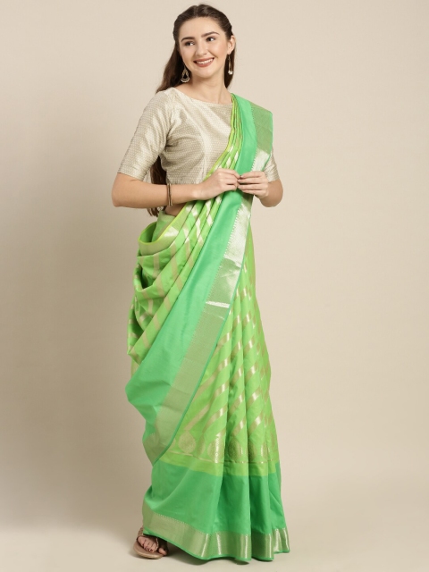 

Varkala Silk Sarees Green & Gold-Toned Leheriya Zari Silk Blend Leheriya Saree