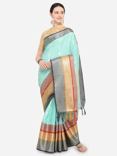 

Varkala Silk Sarees Turquoise Blue & Black Zari Silk Blend Kanjeevaram Saree