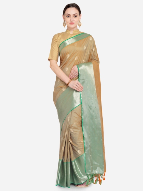 

Varkala Silk Sarees Khaki & Green Zari Silk Blend Paithani Saree