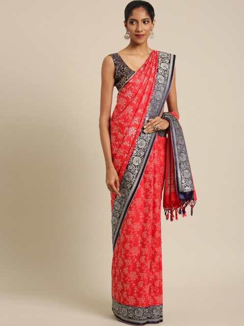 

Varkala Silk Sarees Red & Silver-Toned Floral Zari Silk Blend Banarasi Saree
