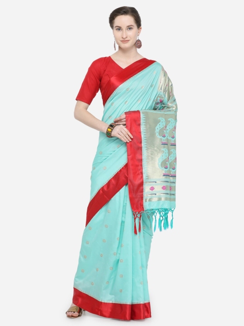 

Varkala Silk Sarees Turquoise Blue & Red Ethnic Motifs Zari Silk Blend Paithani Saree