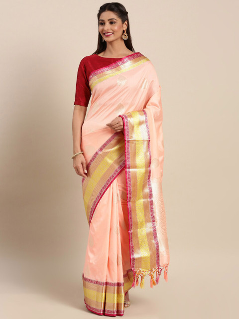 

Varkala Silk Sarees Peach-Coloured & Pink Woven Design Zari Silk Blend Banarasi Saree