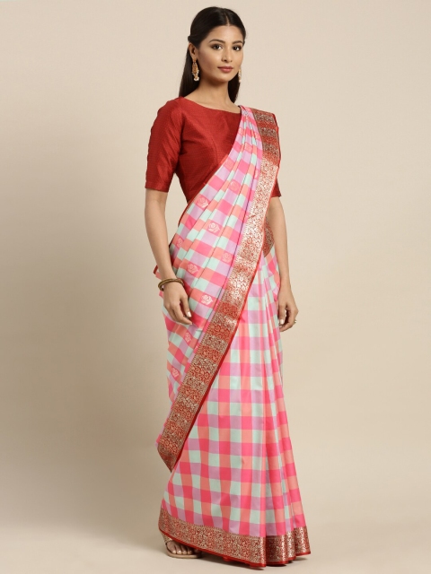 

Varkala Silk Sarees Women Pink & White Checked Zari Silk Blend Kanjeevaram Saree