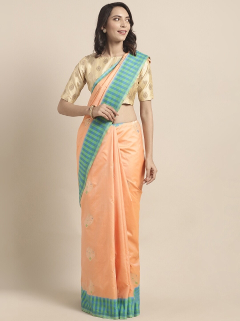 

Varkala Silk Sarees Orange & Blue Checked Zari Silk Blend Kanjeevaram Saree