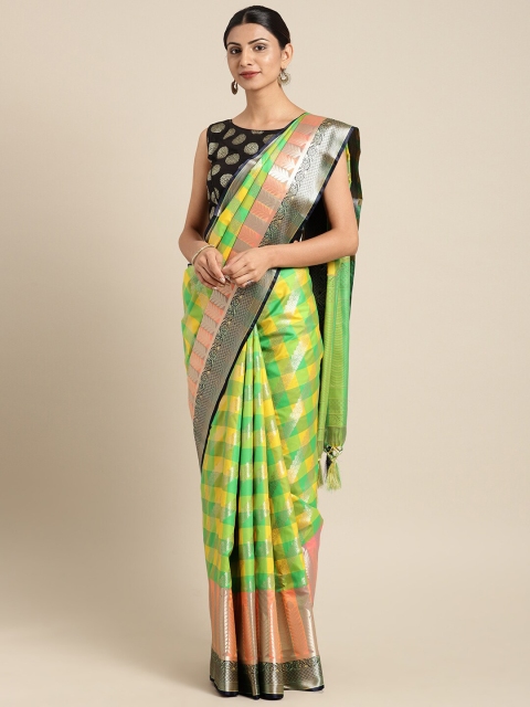 

Varkala Silk Sarees Yellow & Green Checked Zari Silk Blend Kanjeevaram Saree