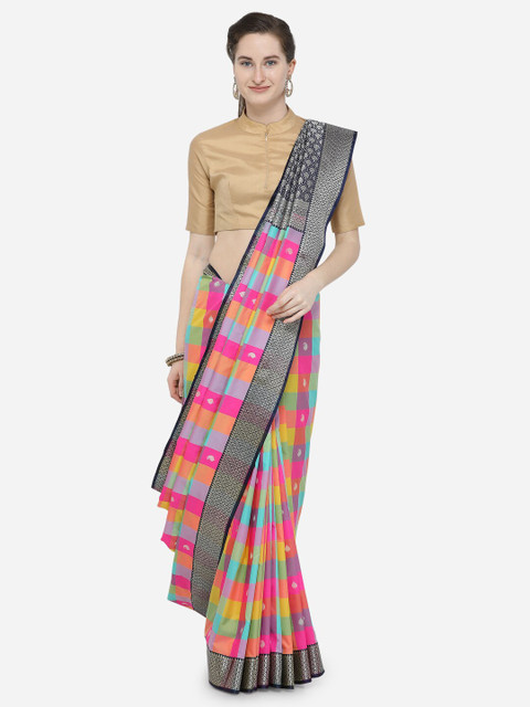 

Varkala Silk Sarees Pink & Grey Checked Zari Silk Blend Kanjeevaram Saree