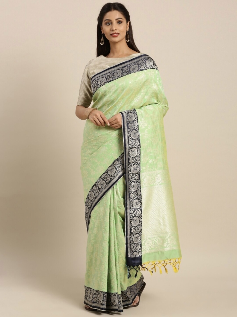 

Varkala Silk Sarees Lime Green & Black Floral Woven Design Zari Silk Blend Banarasi Saree