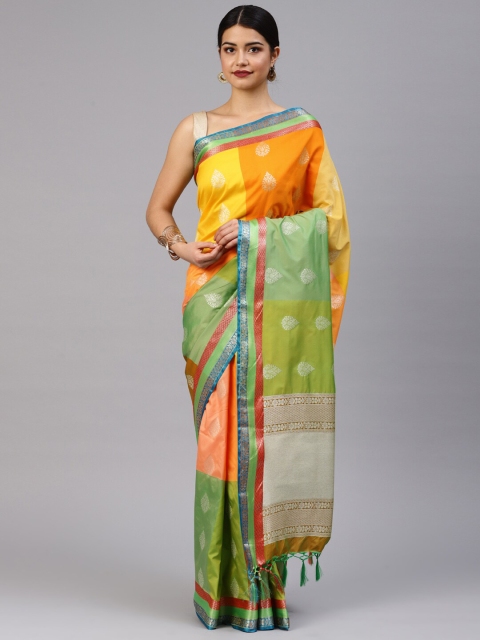 

Varkala Silk Sarees Women Orange & Green Woven Design Banarasi Silk Blend Saree