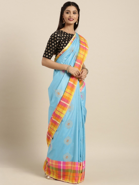 

Varkala Silk Sarees Turquoise Blue & Orange Paisley Zari Silk Blend Kanjeevaram Saree