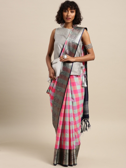 

Varkala Silk Sarees Pink & Navy Blue Checked Zari Silk Blend Kanjeevaram Saree