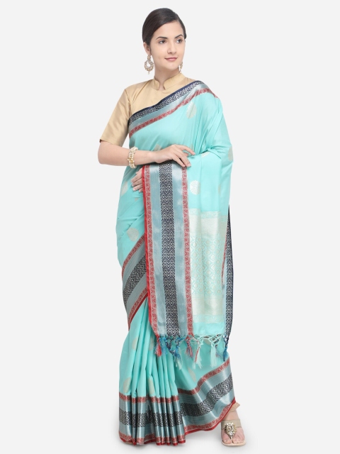 

Varkala Silk Sarees Women Turquoise Blue & Black Paisley Zari Silk Blend Banarasi Saree