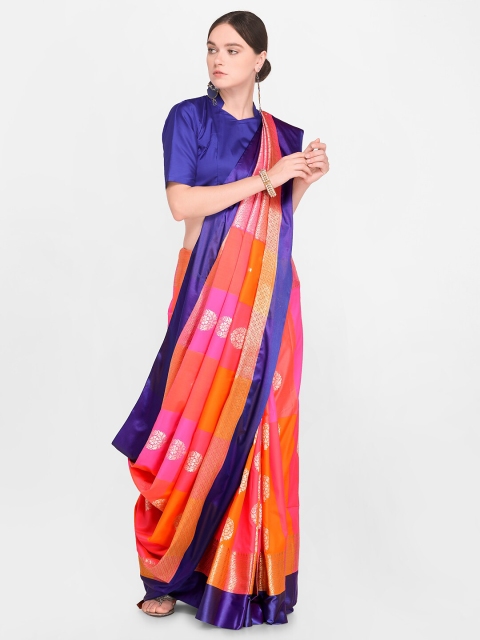 

Varkala Silk Sarees Orange & Purple Colourblocked Zari Silk Blend Banarasi Saree
