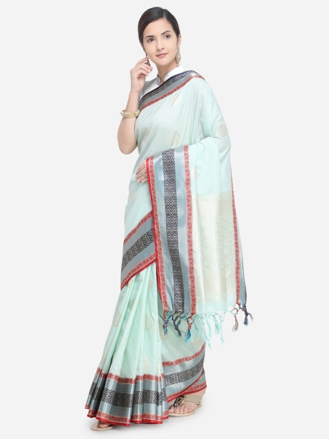 

Varkala Silk Sarees Sea Green & Grey Ethnic Motifs Zari Silk Blend Banarasi Saree