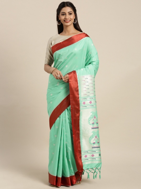 

Varkala Silk Sarees Sea Green & Red Ethnic Motifs Zari Silk Blend Paithani Saree