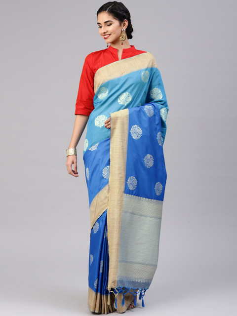 

Varkala Silk Sarees Women Blue & Gold-Toned Woven Design Zari Silk Blend Banarasi Saree